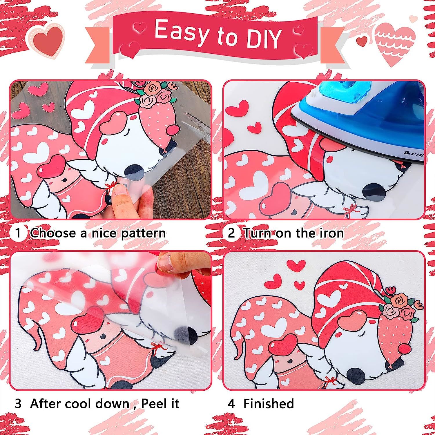 3 Pcs Valentine's Day Iron on Transfers Decals Heat Transfer Design Iron on  Vinyl Patches Cute Pink Car Valentines Gnome Iron on Transfer Paper for T