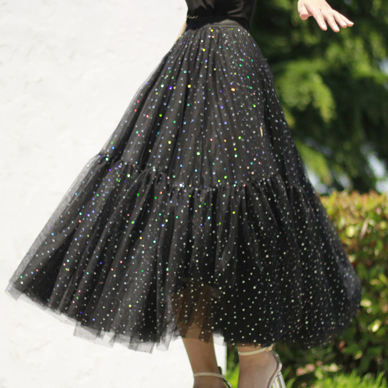 Black Sparkly Long Tulle Skirt Outfit Women Custom Plus Size