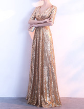Women Long Sequin Dress Outfit Half Sleeve Wedding Gold Sequin Dress Plus Size image 3