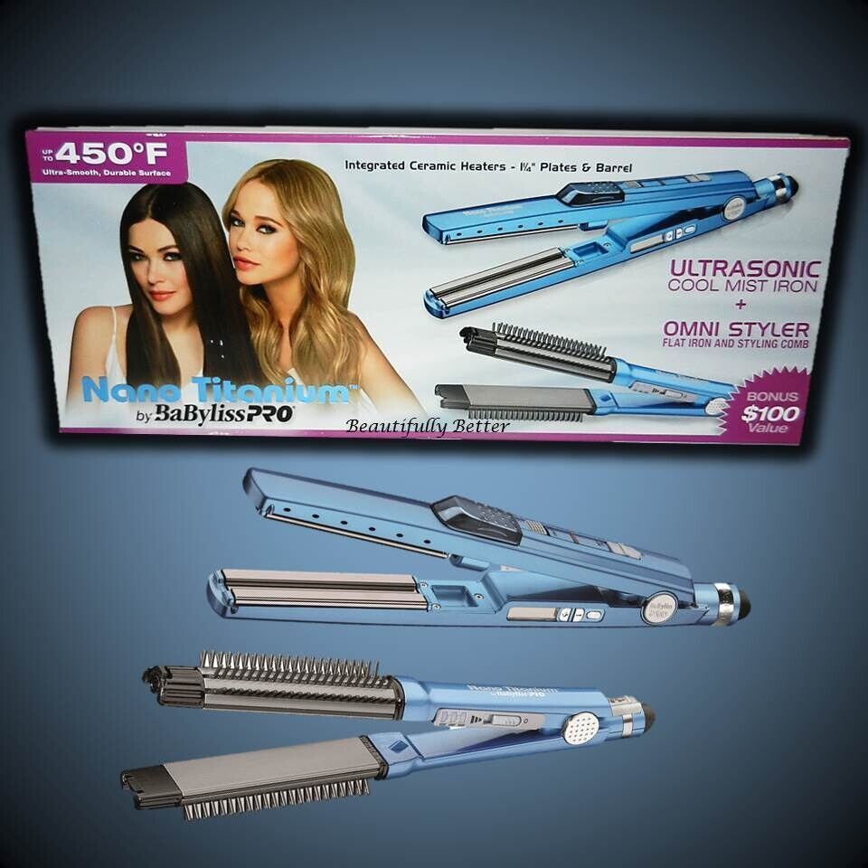 BABYLISS NANO TITANIUM ULTRASONIC COOL MIST FLAT IRON + OMNI STYLER STRAIGHTENER - $104.99