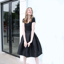 BLACK A-Line Ruffle Skirt Plus Size Taffeta High Waist Pleated Midi Party Skirt image 3