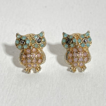 Sparkly Owl Pierced Stud Earrings Rhinestones Green Pink Gold Tone 1/2in - $9.95
