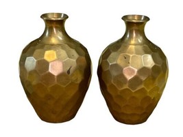 Vintage Pair Solid Brass Geometric Vase 5.75" Tall Made in India MCM Hammered image 1