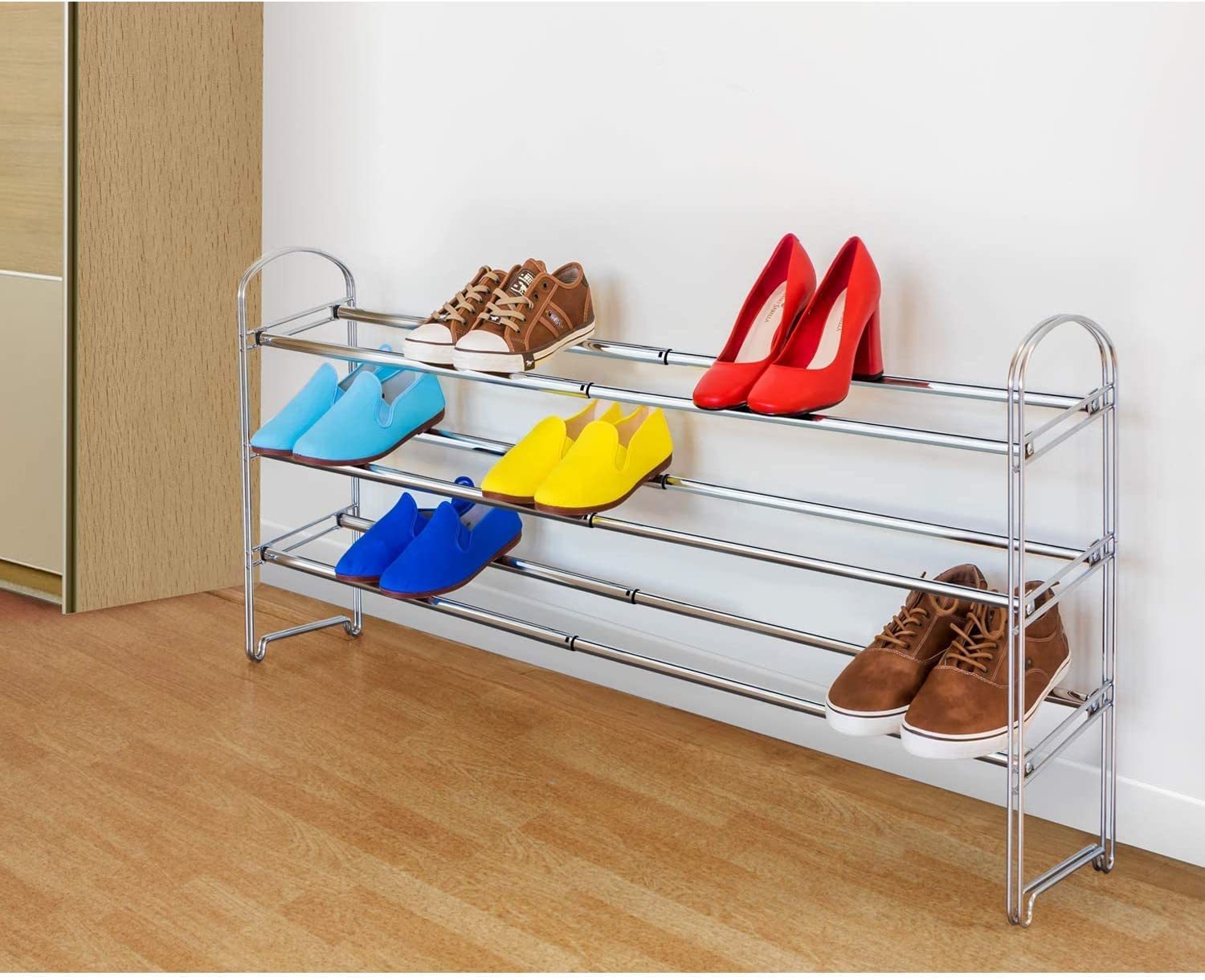 Gonfoam 3-Tier Expandable Shoe Rack,Adjustable Shoe Shelf Storage Organizer Heavy Duty Metal Free Standing Shoe Rack for Entryway Closet Doorway