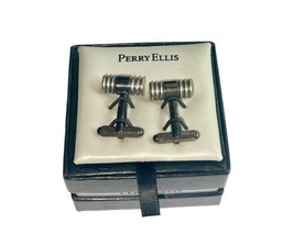 NEW Box Men Perry Ellis Silver Gunmetal Cuff Links $37 Retail 2 Piece Set image 2