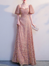 BLUSH PINK Maxi Sequin Dress GOWNS Vintage Sleeved High Waist Sequin Prom Dress image 2
