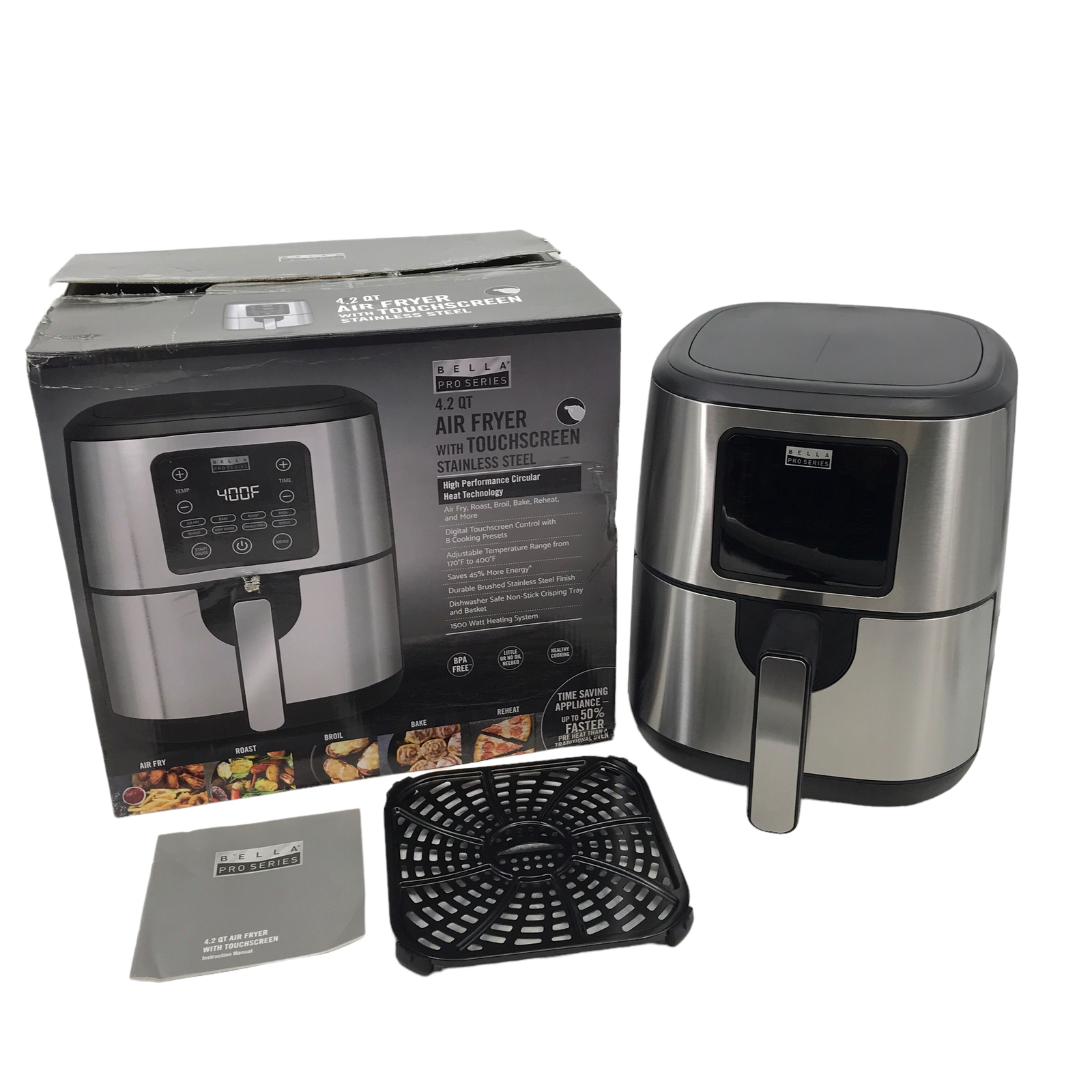 NEW! BELLA PRO SERIES 4.2 QT MANUAL AIR FRYER WITH MATTE FINISH DISHWASHER  SAFE