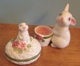 Vintage avon Porcelain set White Bunny Rabbit  Trinket Box/votive candle holder - $18.00
