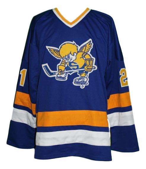 Steve carlson  21 minnesota fighting saints custom hockey jersey blue   1