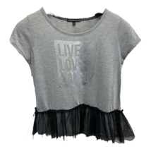 My Michelle Girls Live Love Dance Blouse Gray Black Ruffle Pullover Heat... - $13.67