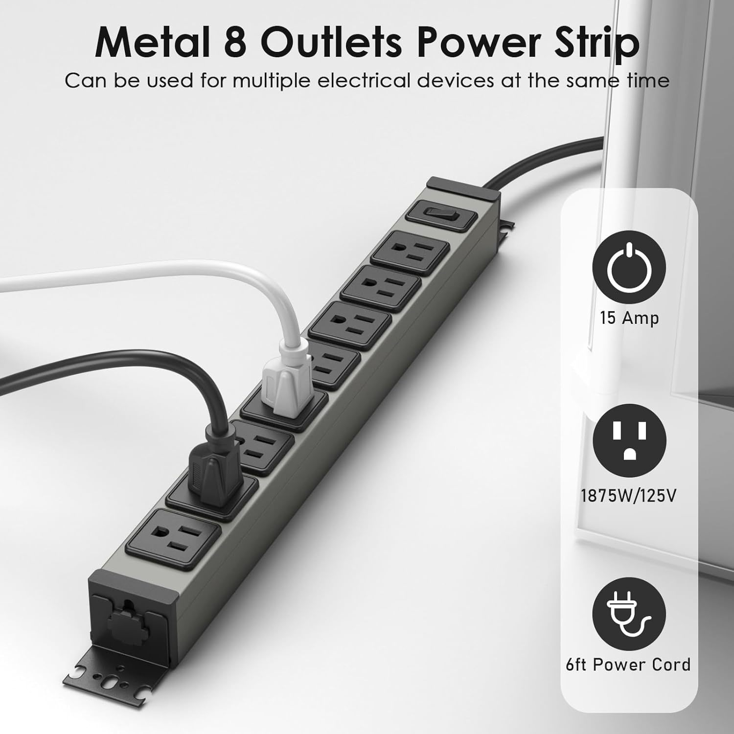 Heavy Duty Power Strip Rotating Mount, Metal 8 Outlet Mountable Surge