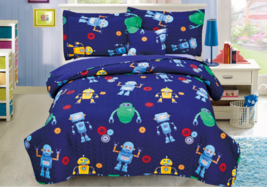 Blue Robot 4 Pcs Twin / Full Size Kids Boys Girls Quilt/ Shams/ Cushion ... - $45.76