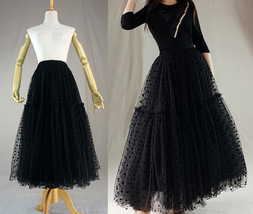 Black Tulle Midi Skirt Women A-line Black Polka Dot Midi Tulle Skirt Plus Size