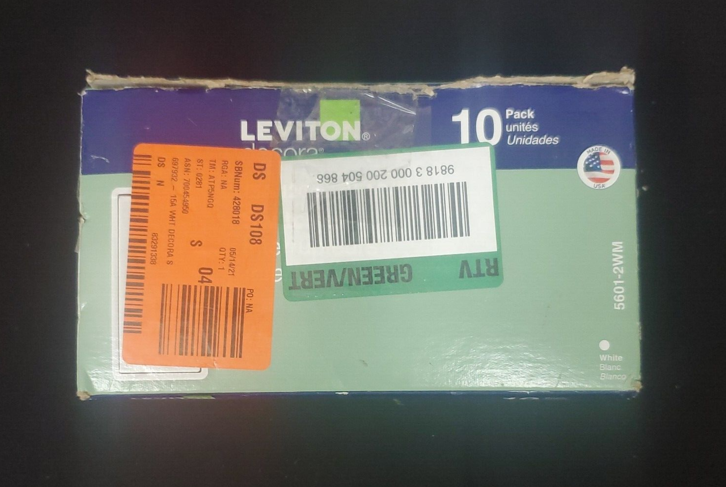 Brand New Leviton Decora 15 Amp Single AC Quiet Light Switch, White (10