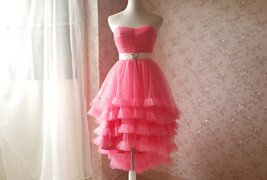 MELON RED Strapless Sweetheart Neck Hi-lo Tiered Tutu Skirt Bridesmaid Dress Cut