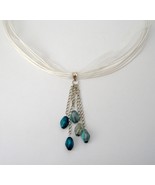 Blue Beaded Pendant White Organza Necklace Silver Chain Handmade - $36.00