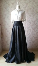 Women High Waisted Black Maxi Skirt Pleated Maxi Skirt with Train Plus Size