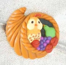 Charming Hallmark Thanksgiving Cornucopia with Fruit &amp; Birdie Brooch 80s... - $12.95