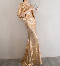 Sexy Golden Bat Sleeve Maxi Long Sequin Dress Plus Size Sequined Cocktail Dress image 6