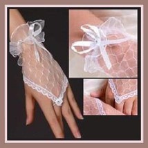 White Fingerless Lace Short Bridal Gloves w/ Wrist Ribbon Ties
