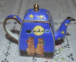 Mini ENAMEL Metal Teapot Christmas CATS &amp; Santa’s Sleigh Stars, Asian Co... - $58.00
