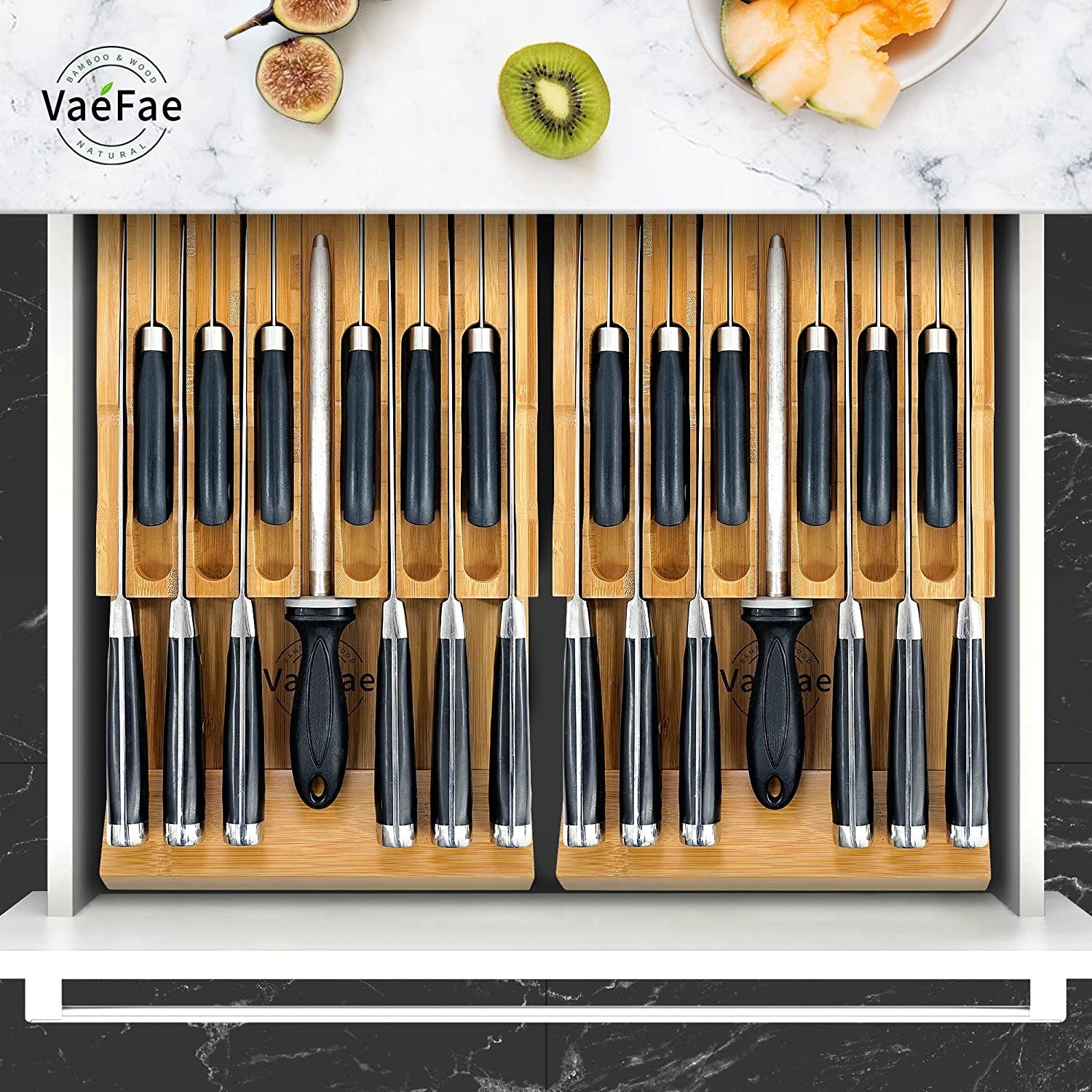 Utoplike in-Drawer Knife Block Bamboo Kitchen Knife Drawer Organizer,Large  Handle Steak Knife Holder Without Knives, fit for 12 Knives and 1