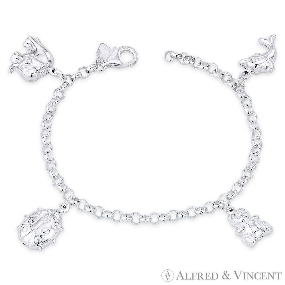 Primary image for Elephant, Ladybug, Teddy Bear, Dolphin Charm .925 Sterling Silver Rolo Bracelet