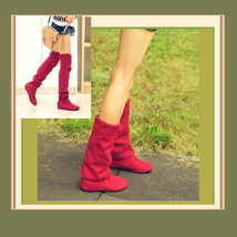 Tall Red Faux Suede Over the Knee Boot Low Heel with DiVA Turn Down Top  