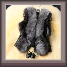 Long Hair Silver Faux Fur Fur Sleeveless Black Vest Jacket with Faux Leather image 1