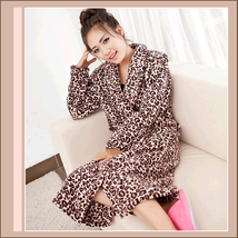 Snuggly Soft Brown Leopard Fleece Lounger Cashmere Bath Robe w/ Pockets