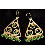 Vintage Bohemian Chandelier Earrings Goldtone Gypsy Green Glass Fringe 1... - $22.00