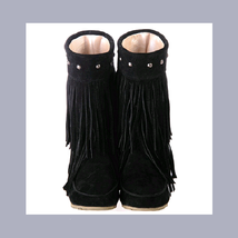 Mid Calf Moccasin Tassel Fringe Style Mountain Boot - Black