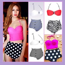 Four Retro Vintage Style High Waist 2 Pc Bathing Suit W/ Push Up Padded Bra Tops
