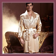Men's Apricot Silk Long Sleeve Satin Robe with Silk Tie Sash Belt Front Pockets image 1