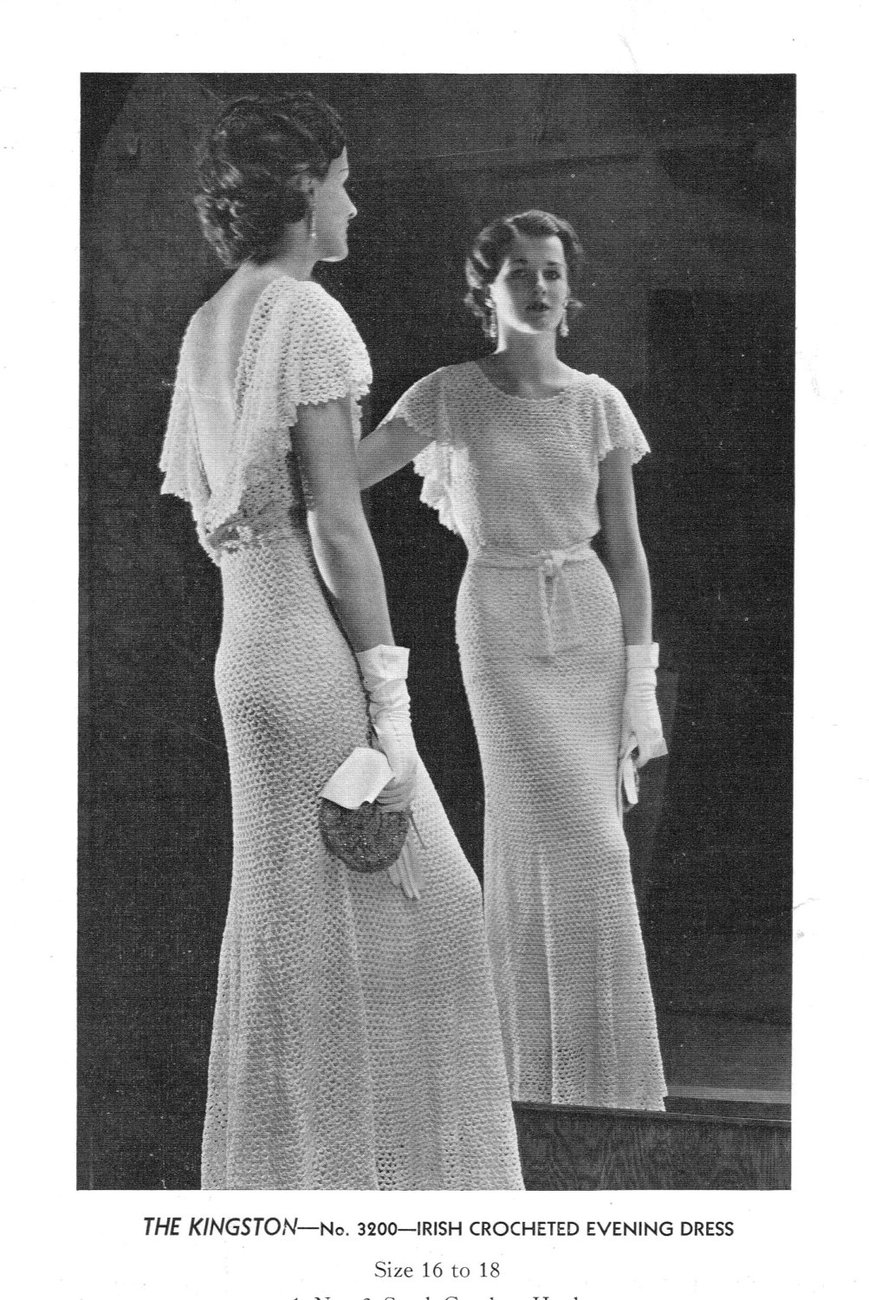 1930s Backless Evening Gown, Short Ruffle Sleeves - Crochet pattern ...