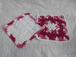 SET OF 2 HAND CROCHETED DISH CLOTHS RED WHITE CLEAN WASH CLOTH - $7.00