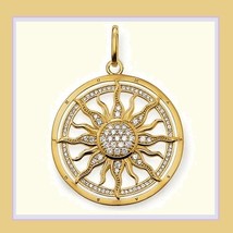 Round 18k Gold Plated Sun Astro Wheel Pendant with Encircled Pave Crystals