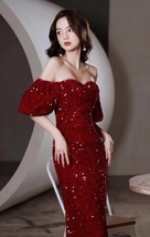 WINE RED Sequin Maxi Dresses Empire Half Sleeve Wedding Maxi Sequin Dresses  image 3