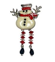 Vintage Silver White Red Crystal Moving Legs Snowman Frosty Pin Brooch Unsigned image 4