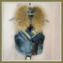 Retro 70's Big Lapel Raccoon Fur Collar Denim Motorcycle Vest Jacket w/ Studs   image 1