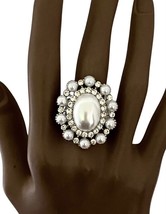 Vintage Inspired White Faux Pearl Cabochon Crystal Adjustable Statement Big Ring - $14.96