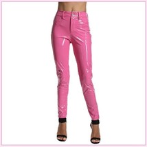 Bright Pink Tight Fit Faux Leather High Waist Front Zip Up Legging Pencil Pants image 2