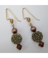 Bronze Beaded Earrings Handcrafted Dangle Gold Tone Metal Textured Pierc... - $25.00