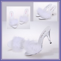 Fluffy White Marabou Feathered Clear Crystal High Heel Mule Platform Slides