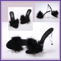 Fluffy Black Marabou Feathered Clear Crystal High Heel Mule Platform Slides