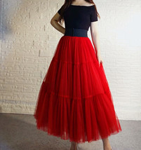 Red Tiered Tulle Skirt Full Long Red Party Skirt High Waisted Holiday Plus Size image 2