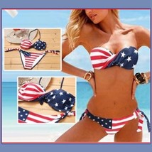 American Flag 2 Piece Bikini Summer Swim Suit with Padded Cups & Side Ties