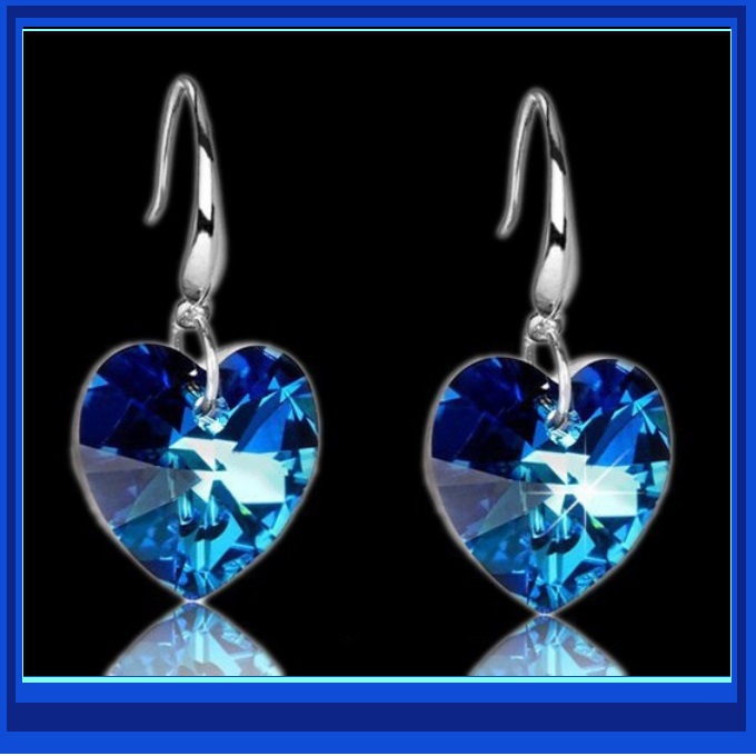 deep blue sapphire swarovski austrian crystal 18k white gp heart drop earrings