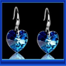 Deep Blue Sapphire Swarovski Austrian Crystal 18K White GP Heart Drop Ea... - $40.95