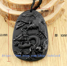 hand-carved obsidian "dragon / phoenix / Lucky" pendant beaded necklace - $23.99